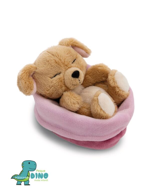peluche perrito durmiendo cesta rosa NICI