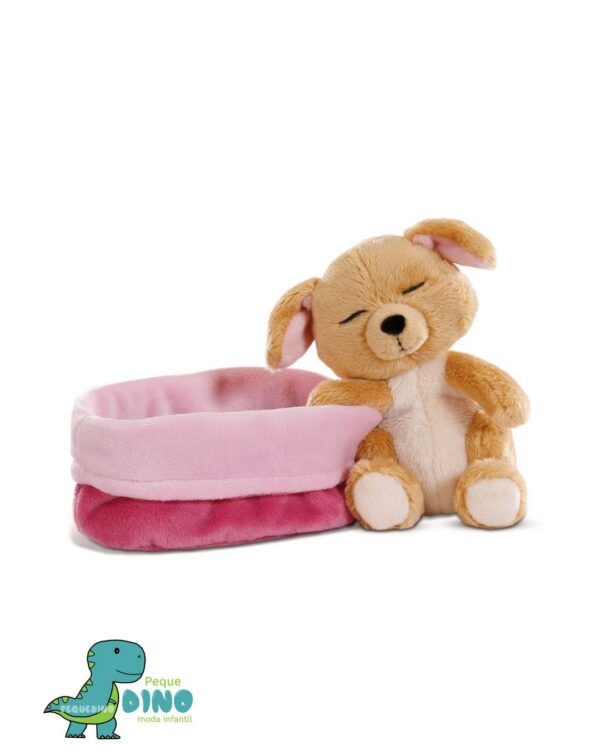 peluche perrito durmiendo cesta rosa NICI