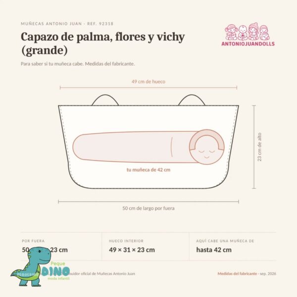 Capazo de palma de flores y vichy grande para muñecas de hasta 42 cm
